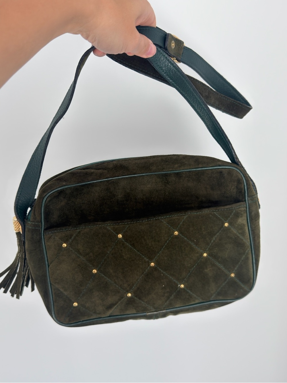 Quilted Suede Shoulder Bag - Dark Green